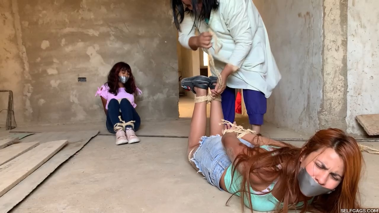 Curious Stepsisters Rope Bound And Tape Gagged By Crazy Woman In Abandoned House